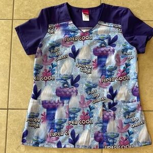 Women’s Scrub Top. Cherokee Tooniforms Size M. Gently used. Trolls. Purple